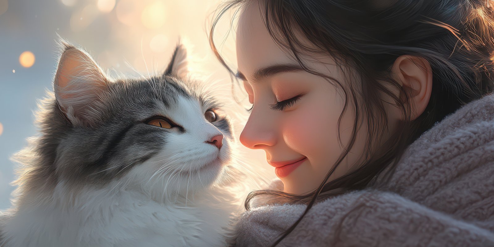 Young woman shares a joyful moment with a fluffy cat in a warm, cozy setting during a serene afternoon